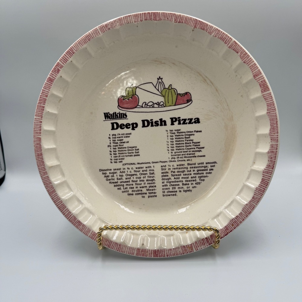 Vintage 1981 Watkins Deep Dish Pizza Recipe Stoneware Baker Pie Plate USA 6297